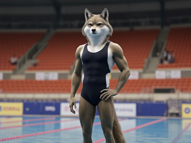 A tall ((anthropomorphic)) wolf Olympic swimmer with a long torso  wearing a one piece swimsuit standing on the pool deck