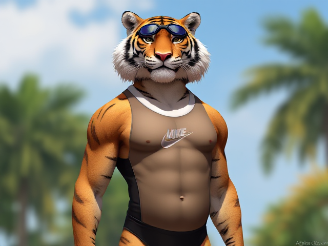 A tall anthropomorphic tiger with a long torso, wearing a high cut Nike one piece swimsuit and swimming goggles