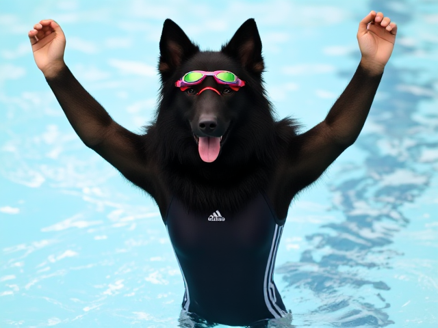 A tall anthropomorphic long haired black German shepherd wearing an adidas swimsuit and swimming goggles stretching her arms out straight into the air before a swim
