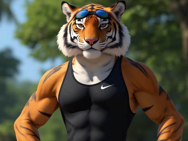 A tall anthropomorphic tiger with a long torso, wearing a high cut Nike one piece swimsuit and swimming goggles
