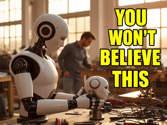 Ultra-realistic scene of a humanoid robot in a bright, modern workshop, learning from a human engineer who is showing it how to assemble a smaller robot head on a cluttered workbench filled with realistic tools, wires, and robot parts. Warm sunlight streams in through large windows, casting soft, natural shadows. The robot’s face looks almost human, with subtle synthetic skin details over mechanical structure. Depth of field focuses on the moment between human and robot, with the background softly blurred. Bold, large, curiosity-driven text in bright yellow with black outline saying: “YOU WON’T BELIEVE THIS…” placed in the top-left corner, angled slightly for dynamic impact, without covering the main interaction. The style is natural, cinematic documentary photography with high realism and vibrant true-to-life colors