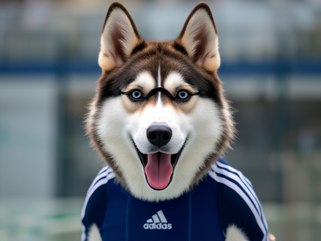 A anthropomorphic Siberian husky wearing an adidas swimsuit and swimming goggles