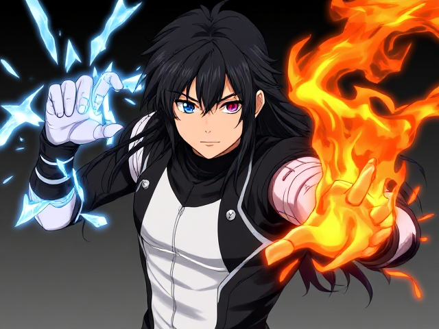 Young adult male with long black hair, wearing sleek futuristic style clothing. He displays special powers: his left arm is projecting icy shards while his right arm emits fiery flames. His eyes are distinct, with the left eye being a vivid blue and the right eye a striking red. Anime style, highly detailed and dynamic action pose