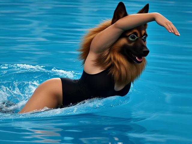 A anthropomorphic long haired German shepherd Olympic swimmer stretching her long torso, while wearing a one piece swimsuit and swimming goggles