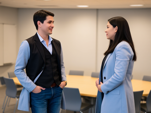 Brunette with dark black hair wearing a light blue coat with blue jeans and blouse and a black vest on top meets a man in a conference room