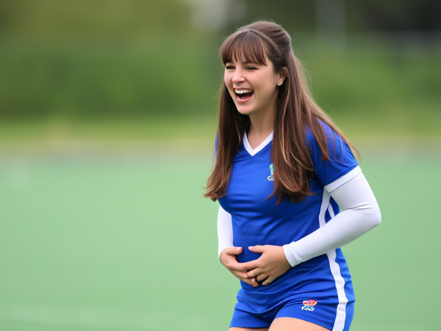 Middle aged women’s field hockey player with long brown hair and bangs. She is wearing a blue uniform with white knee high socks with knee pads, and is holding her stomach while laughing hysterically.  Her full body is visible from head to toe.