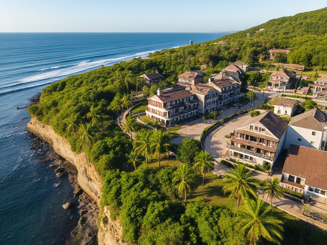 A serene coastal village implementing disaster risk reduction, lush green vegetation surrounds sturdy modern buildings with storm-resistant designs, families planting trees along a protective sea wall, clear blue sky and gentle waves in the background, warm afternoon sunlight casting soft shadows, aerial view from a drone capturing the harmony between nature and human innovation, realistic painting style with intricate details