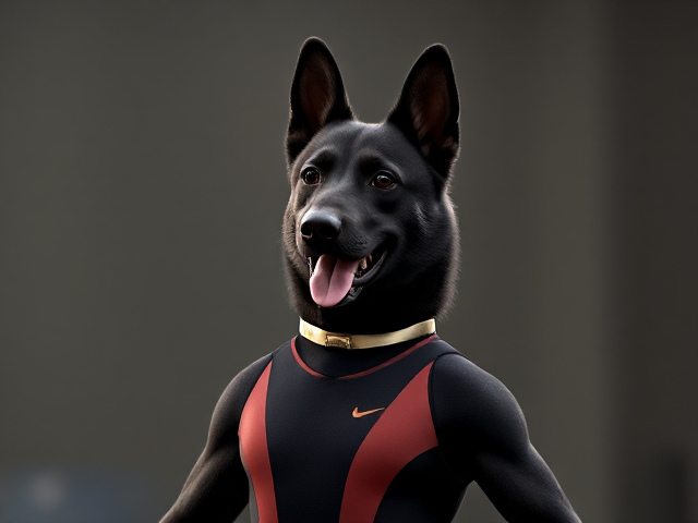 A anthropomorphic black German shepherd Olympic gymnast wearing a leotard