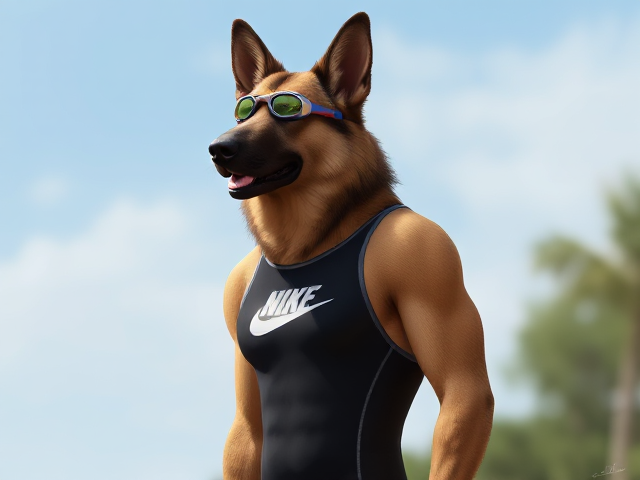 A tall anthropomorphic long haired German shepherd with a long torso and broad shoulders wearing a high cut Nike one piece swimsuit and swimming goggles