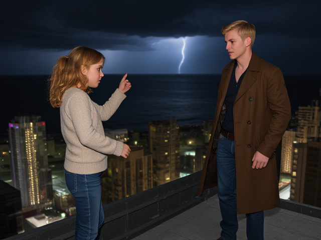 A petite 13-year-old girl with strawberry blonde hair, wearing a pullover and jeans, is standing on the roof ledge of a night club. Next to her on the roof, standing nearby is a modern-day, pale skinned vampire in his late twenties, with blonde hair, dressed in a brown trench coat and jeans. He appears uneasy as he looks at her. The girl gestures angrily at him, flailing her arms. A thunderstorm approaches the cityscape from the sea shore. Set at night.