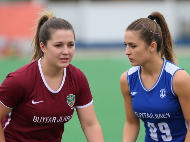 Beautiful middle aged field hockey woman in a burgundy uniform lined up against a beautiful middle aged field hockey woman in a blue and white uniform