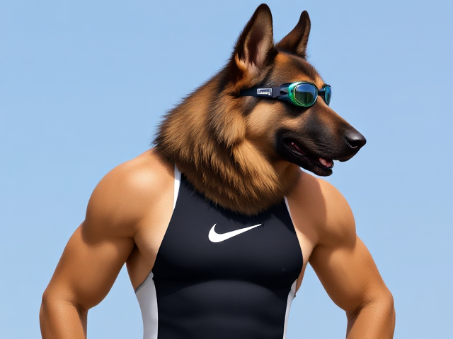 A tall and lean anthropomorphic long haired German shepherd with a long torso and broad shoulders wearing a high cut Nike one piece swimsuit and swimming goggles