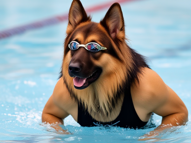 A anthropomorphic long haired German shepherd Olympic swimmer wearing a one piece swimsuit and swimming goggles