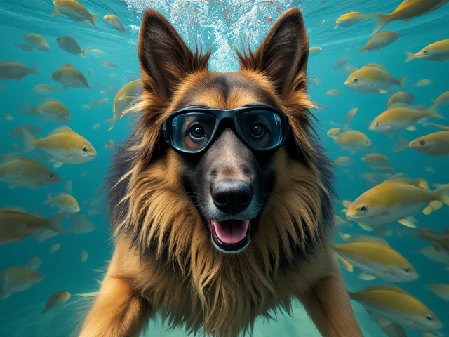 A long haired German shepherd Freediving while wearing Freediving goggles, surrounded by fish