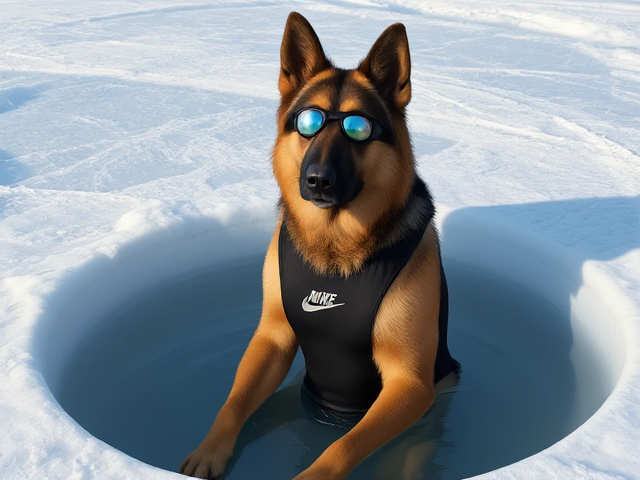 A tall anthropomorphic long haired German shepherd with a long torso and broad shoulders wearing a Nike bathing suit and swimming goggles while sitting in a hole in the ice
