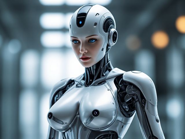 Futuristic humanoid female robot, sleek design, advanced technology, glowing elements, metallic texture, intricate details, dynamic pose, Macintosh, blonde