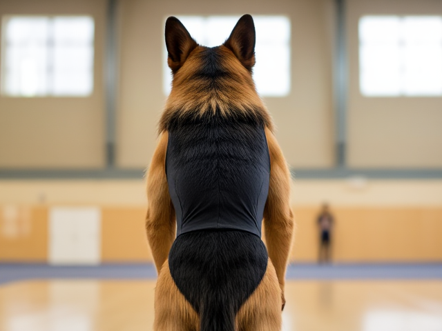 A anthropomorphic long haired German shepherd wearing a gymnastics leotard in a gymnasium