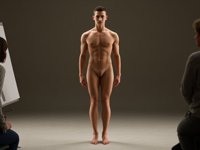 Imagine a scene where a person is posing in an art class where others are drawing his figure. The figure stands facing forward, weight evenly balanced on both feet, which are positioned about hip-width apart. The arms hang gently at the sides, slightly away from the torso, allowing the curves and natural lines of the body to be clearly seen. The shoulders are relaxed, and the head is held upright, eyes directed straight ahead, giving a calm, steady presence. The torso shows subtle shifts and curves that suggest the natural posture, while the legs remain straight but soft at the knees, maintaining a sense of ease. Overall, the figure is depicted in a simple, unobstructed form, highlighting the proportions, structure, and flow of the human body in a serene, balanced stance.