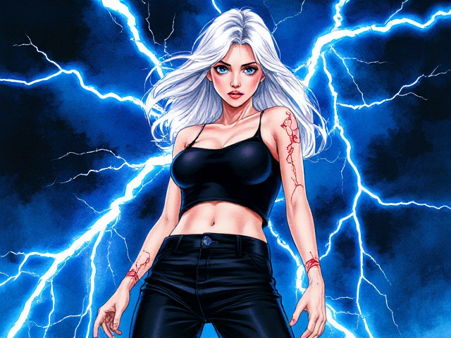 Page couleurs teintes bleues. Éclaires foudre.
Fille en pantalon noir et croctop noir, cheveux blancs yeux bleus, cheveux longs, elle fait des éclaires, et détruis tout.
Page de manga en couleur. Peint à l’aquarelle 
Effets de lumiere bleu, sombre, fille adulte, cheveux détaché 
Coupures sur tout le corps, sang, égratignures, peau craquelé en bleu, cicatrices sous les yeux