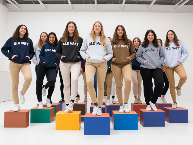 Large group of young women in Old Navy khakis and hoodies and Chucks sneakers each standing with one foot on top of a small colored riser in a white room