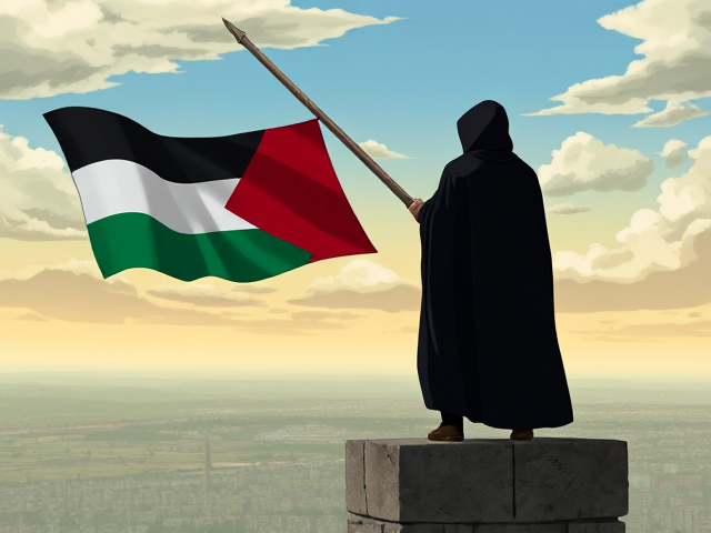 Accurate Palestinian Flag being waved by a hooded figure on top of a tower as he watches over the people of Palestine as a guardian after they have been surviving the attacks they are under. Animated in the style of the anime Naruto