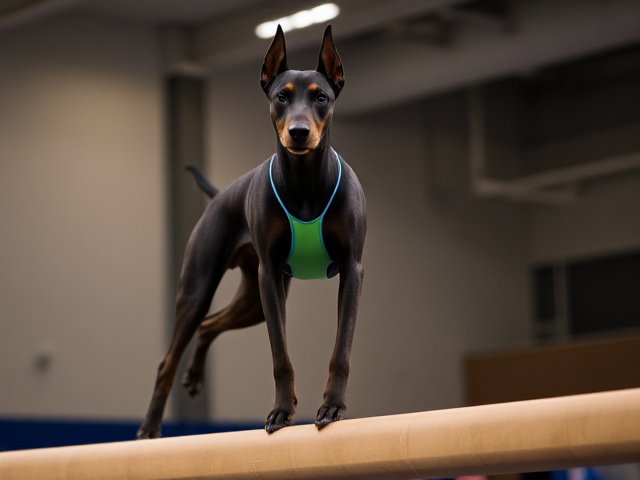 Anthropomorphic Doberman performing gymnastics on a balance beam, wearing a colorful leotard, focused expression, dynamic pose, indoor gym setting, dramatic lighting