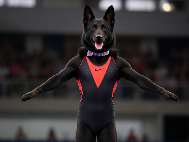 A anthropomorphic black German shepherd Olympic gymnast wearing a leotard