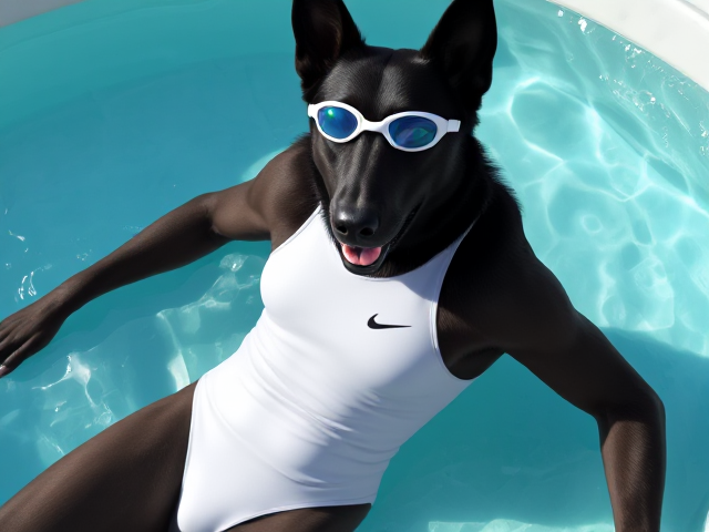 A tall and lean anthropomorphic black German shepherd with a long torso and broad shoulders wearing a white high cut Nike one piece swimsuit and swimming goggles while sitting in a hot tub