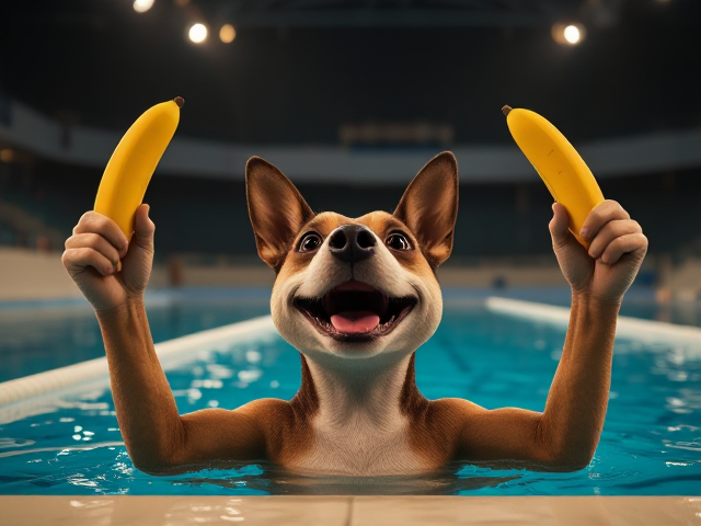 An anthropomorphic dog in an Olympic pool triumphantly holding up a banana in each hand.