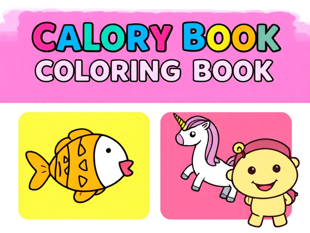 "Create a bright and playful children's coloring book cover. The design should feature cute, cartoon-style illustrations that are appealing to children . The layout should have four sections, each containing a different simple illustration, such as a fish, unicorn, or any other fun, kid-friendly characters or objects. The colors should be vibrant, with bold outlines, giving it a fun and engaging look for young children. Include a friendly cartoon character, like a smiling animal, in one of the corners. The overall style should be similar to a traditional children's coloring book cover—bright, happy, and easy to understand."