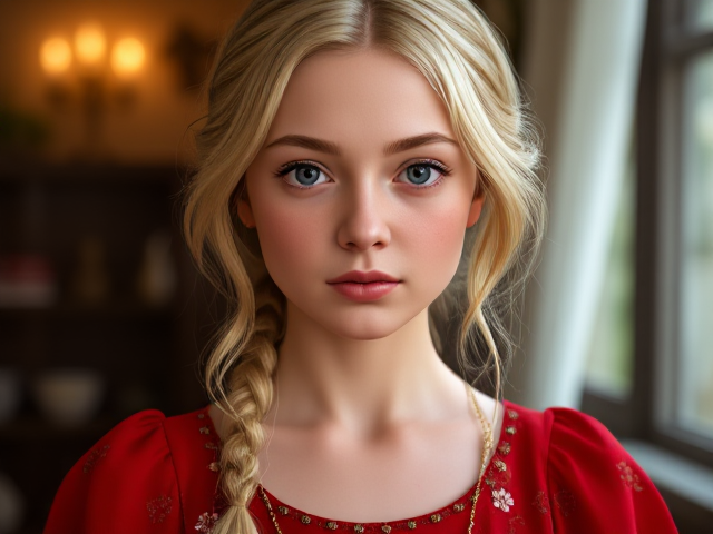 A girl about 21 with blonde hair and pale skin, wearing a red dress with gold beads and delicate flowers.