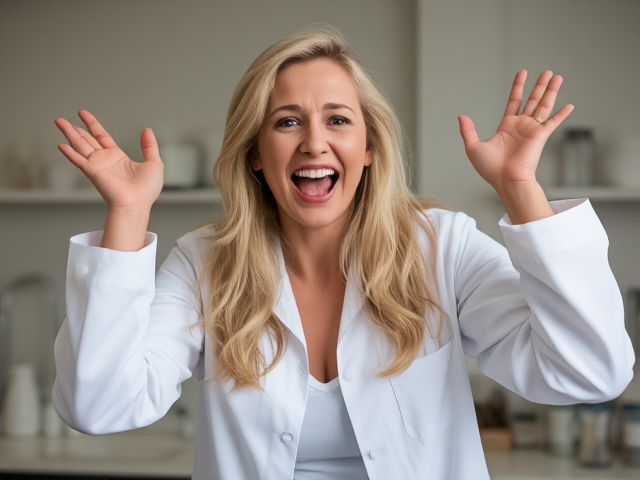 Surprised Beautiful blonde scientist woman in white pantyhose laughing hysterically in disbelief