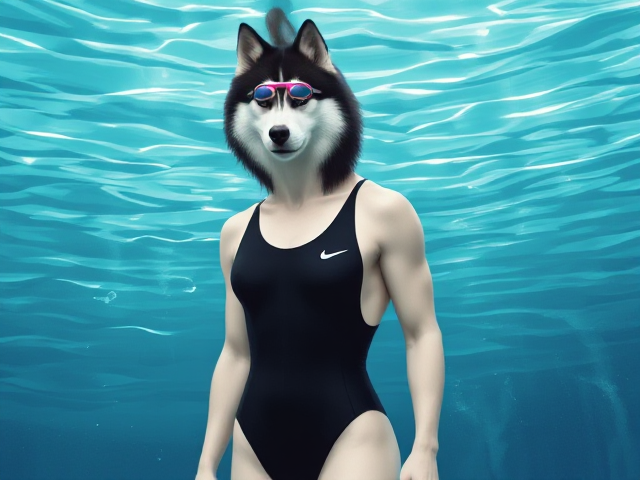 A tall Siberian Husky with a long torso and broad shoulders wearing a high cut Nike one piece swimsuit and swimming goggles