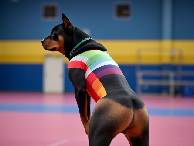 Anthropomorphic Rottweiler wearing a colorful gymnastics leotard, emphasizing its strong hips, in a vibrant gymnasium setting