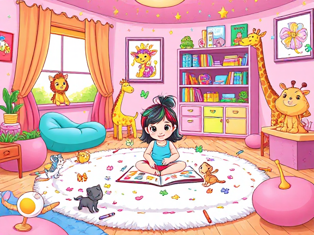 Create a vibrant and enchanting cover for a toddler's coloring book that depicts a magical playroom. The scene should feature a lively cartoon girl with colorful hair, joyfully surrounded by a variety of adorable cartoon animals. She is sitting on a fluffy, oversized rug, with crayons scattered around her, eagerly coloring in a large picture book filled with fun illustrations. Playful kittens in a rainbow of colors are chasing after colorful butterflies fluttering through the air, while a friendly puppy with big, sparkling eyes peeks out from behind a cozy bean bag chair. In one corner, a cheerful giraffe is playfully poking its head through the window, looking curiously at the girl. The walls should be decorated with bright, imaginative artwork and posters of friendly dinosaurs, whimsical trees, and stars. Add colorful shelves filled with toys, books, and plush animals, creating a warm and inviting atmosphere. The entire design should be bursting with bright colors, playful characters, and a sense of adventure, making it irresistible for children and their parents, and inspiring a love for creativity and exploration.