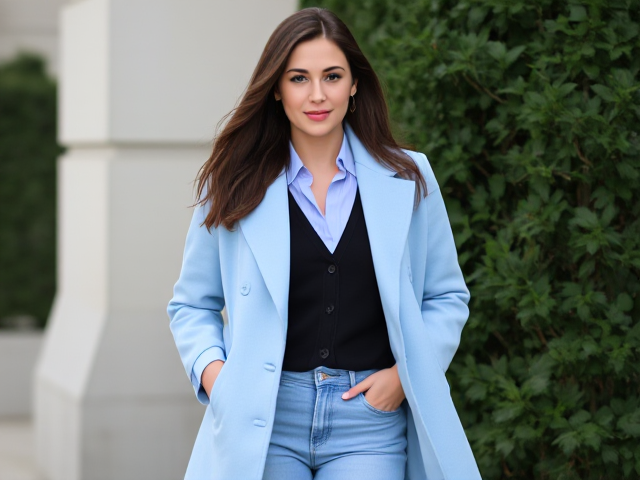 Brunette wearing a light blue coat with light blue jeans with a light blue blouse and a black vest