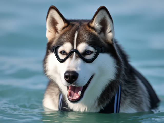 A anthropomorphic Siberian husky wearing an adidas swimsuit and Freediving goggles