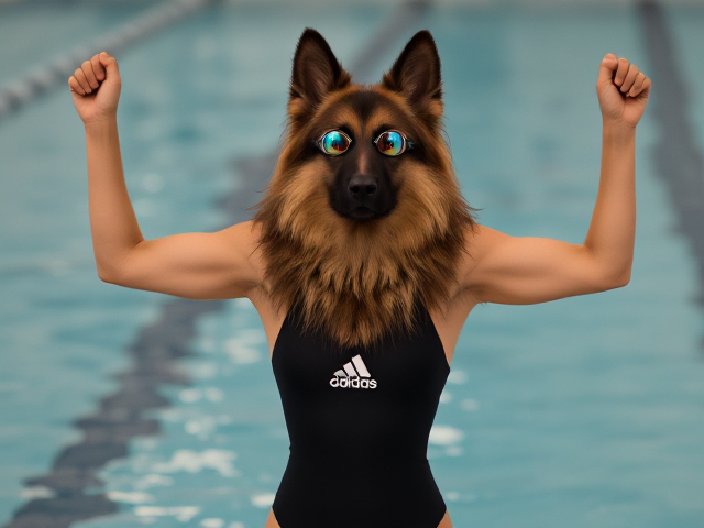A tall anthropomorphic long haired German shepherd wearing an adidas swimsuit and swimming goggles stretching her arms before a swim