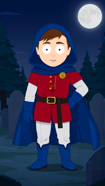 Dramatic Cartoon scene: Clyde Donovan from South Park, light skin and brown hair, but as a 14-Year Old teenager, dressed as a medieval prince, wearing a red shirt with white sleeves, a black belt with a gold buckle, white pants, blue boots, blue long-cuffed gloves, and wreathed in a really big, heel-length long, ultra-wide blue hooded cape around his neck held up by a golden button. He is now known as Prince Donovan. Despite still being a teenage kid, he is the Youngest Ruler of South Park, Colorado, but now reborn as the real life Kingdom of Kupa Keep, Zaron, and Prince Donovan is its youngest and greatest hero. The young teenage prince of Kupa Keep is currently standing in a graveyard at night, visiting the grave of his deceased mother, paying his respects while he wishes she could have seen the prince he has become.