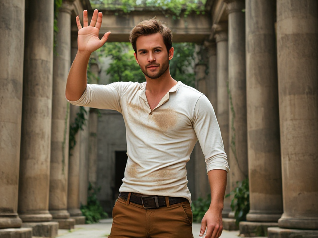 Create a rugged, adventurous man standing in an ancient courtyard with tall stone pillars and overgrown greenery. He is wearing a dirt-stained, fitted white shirt with rolled-up sleeves and rugged brown pants. His face has light stubble, a determined expression, and a few scrapes. His hair is short, slightly messy, and brown. One of his hands is raised, but it’s empty, as if he’s holding something or reaching forward. The arm is slightly bent at the elbow, and the hand is positioned as if gripping an invisible object. His body is slightly turned to the side, giving the impression of movement, with his head turned to look in the same direction. The angle should show him standing confidently in the center of the courtyard, with a slight upward perspective, highlighting his adventurous stance. The lighting should cast soft shadows, emphasizing his rugged features and the sense of mystery in the scene."