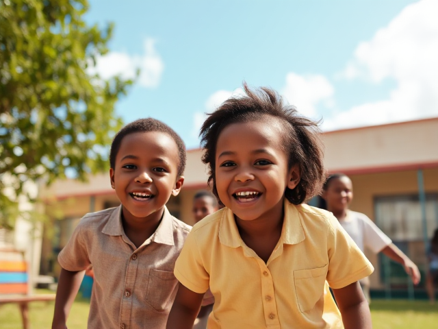 cour de récréation d'une école primaire avec des enfants afro-américains âgés de 8 ans, en train de jouer joyeusement, sous un ciel ensoleillé, entourés de verdure et structures de jeux colorées