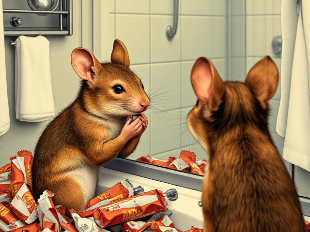 Une petite musaraigne qui se maquille, et qui a a côté d'elle plein d'emballages de chocobons vides. Elle se regarde dans le miroir, dans une salle de bain