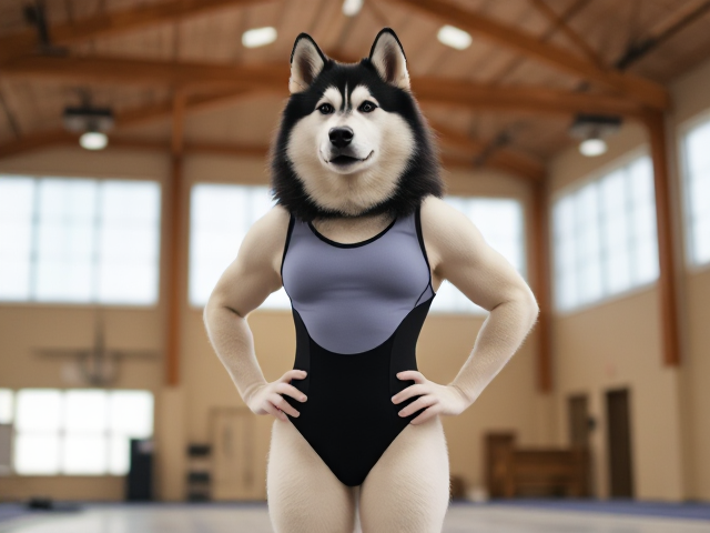 An anthropomorphic Alaskan malamute with strong hips wearing a gymnastics leotard in a gymnasium