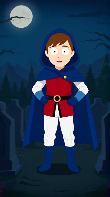 Dramatic Cartoon scene: Clyde Donovan from South Park, light skin and brown hair, but as a 14-Year Old teenager, dressed as a medieval prince, wearing a red shirt with white sleeves, a black belt with a gold buckle, white pants, blue boots, blue long-cuffed gloves, and wreathed in a really big, heel-length long, ultra-wide blue hooded cape around his neck held up by a golden button. He is now known as Prince Donovan. Despite still being a teen-age kid, he is the Youngest Ruler of South Park, Colorado, but now reborn as the real life Kingdom of Kupa Keep, Zaron, and Prince Donovan is its youngest and greatest hero. The young teen-age prince of Kupa Keep is currently standing in a graveyard at night, visiting the grave of his deceased mother, paying his respects while he wishes she could have seen the prince he has become.