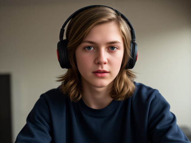 generate a 15 year old man with long brown hair and some dark blue sweatpants and a dark blue sweatshirt. he is a gamer with black and red headset