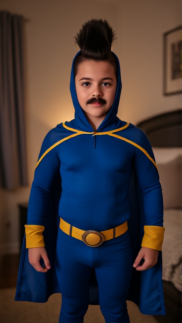 Movie scene: A preteen 12-year old boy with light skin and freckles on his cheeks named Kyle Lipton, but transformed into a superhero named Dr. Dimensionpants, who, despite still being a kid, has an extremely muscular body. He wears a tight blue hood outlined by a yellow line, with a smooth, slicked back black mohawk on top. He also wears a sleek blue bodysuit outlined with yellow lines on the cuffs of the sleeves and pants, a golden belt with a circular buckle, black boots, and a really big, toe-length, ultra-wide blue cape with a really big collar outlined with yellow lines wreathed around his neck held up by a golden button. The pupils in his eyes are green, and he has a black twin moustache. He also has incredible, invincible, and cosmic superpowers flowing through his veins. He is currently standing in his bedroom, his transformation complete, and is now ready for action.