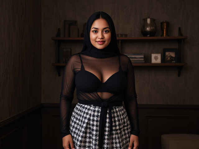 a photorealistic image of a curvy tamil woman standing in a sophisticated, dimly lit room with elegant, textured walls and a shelf filled with decorative books and ornaments. The model is placed, framing her face as she looks directly at the viewer with a warm, engaging expression. She’s wearing a hijab, black sheer long-sleeve top, knotted at the waist, revealing a black bralette underneath, which adds a stylish, edgy touch. She pairs the top with a high-waisted, pleated black-and-white houndstooth mini skirt, giving a chic, balanced look. The lighting highlights her natural beauty and accentuates the textures in her outfit, creating an intimate and inviting atmosphere.