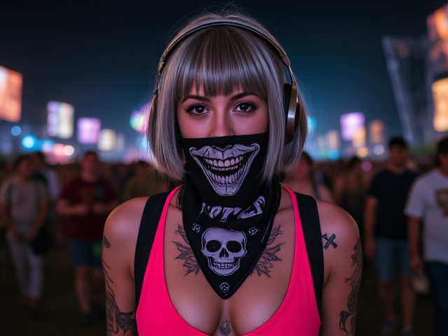 Young Goth Babe, nymph, 25 years, grey short hair with bangs, neon skull bandana on mouth, neon rave outfit, neck to belly tattoos, metallic headphones, walking, crowded rave ground in background,4K, hyperrealistic