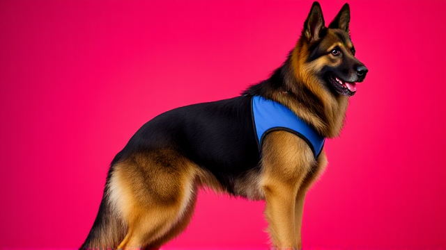 Long-haired German Shepherd wearing a gymnastics leotard, standing tall, detailed and vibrant background