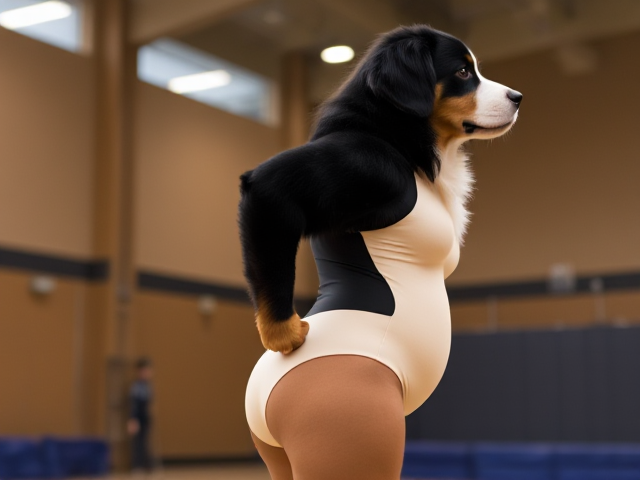 A anthropomorphic Bernese mountain dog with large hips wearing a gymnastics leotard in a gymnasium